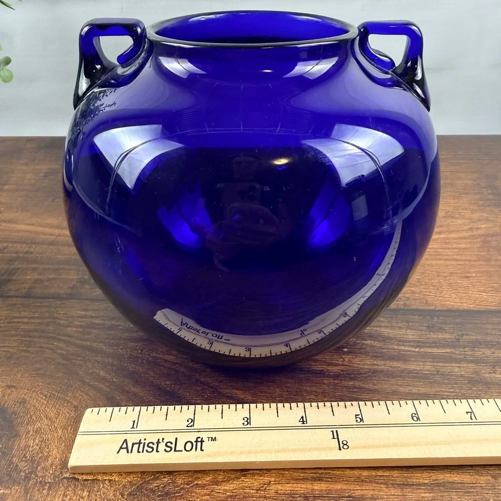 Blenko #68 Cobalt Blue Glass Rose Bowl Pre-Designer Two Handle 1930s